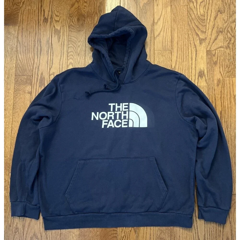 The North Face Circular Design Mens XL Blue Fleece Pullover Hoodie Logo Pockets
